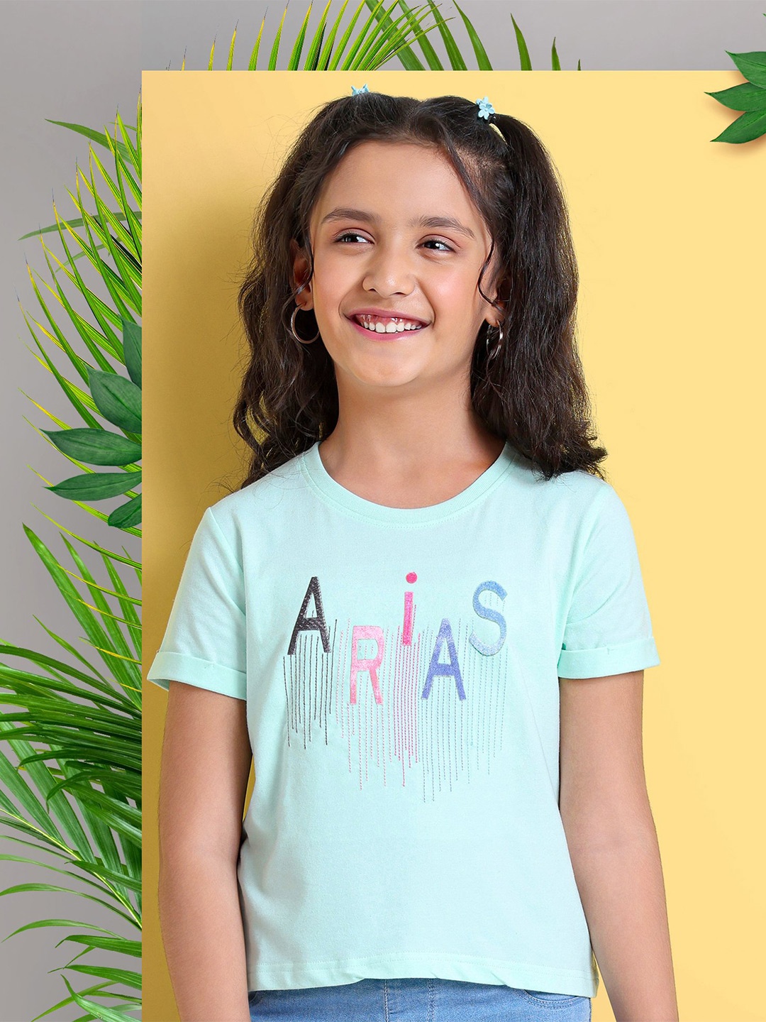 

ARIAS By LARA DUTTA Girls Round Neck Typography Printed Cotton Regular Fit T-shirt, Teal