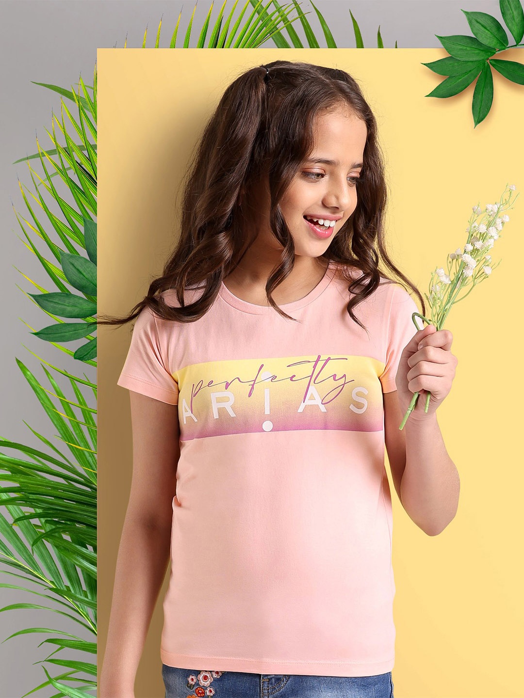 

ARIAS By LARA DUTTA Girls Typography Printed Cotton T-shirt, Peach