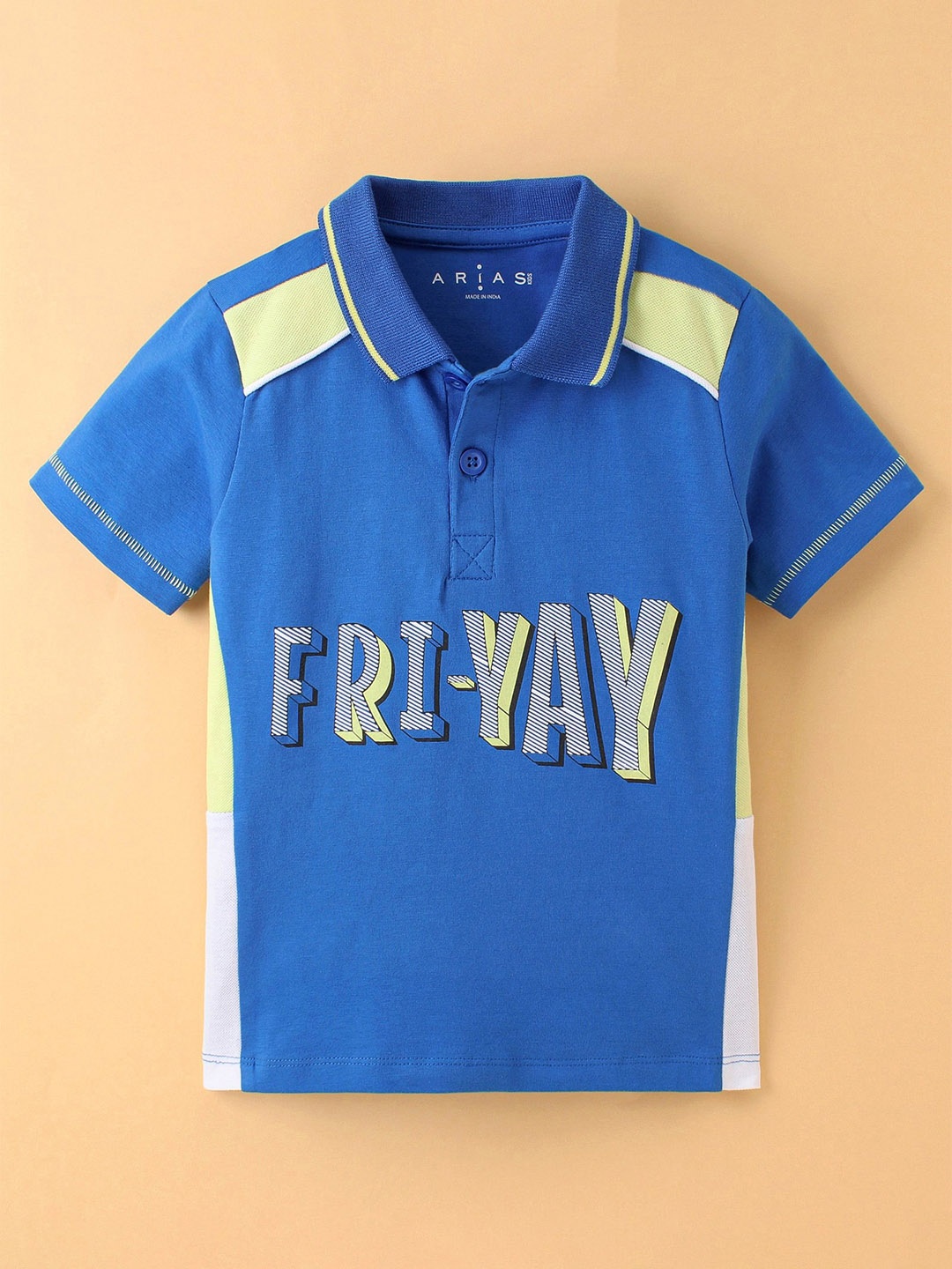ARIAS By LARA DUTTA Boys Typography Printed Polo Collar Cotton T-shirt, Blue