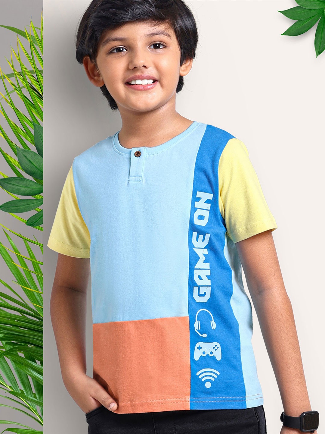 

ARIAS By LARA DUTTA Boys Colourblocked Henley Neck Cotton T-shirt, Blue