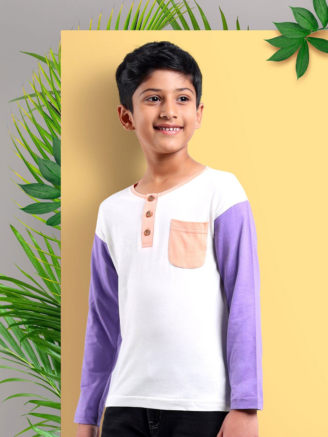 

ARIAS By LARA DUTTA Boys Henley Neck Pockets T-shirt, White