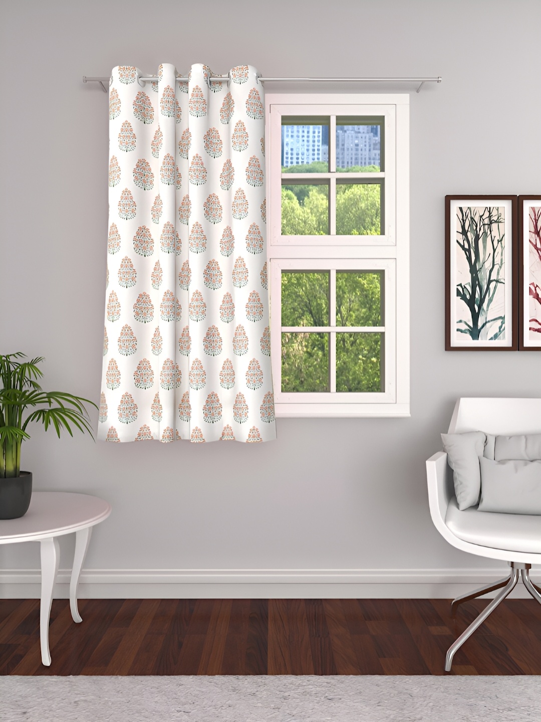 

Aura White & Orange Floral Room Darkening Window Curtain