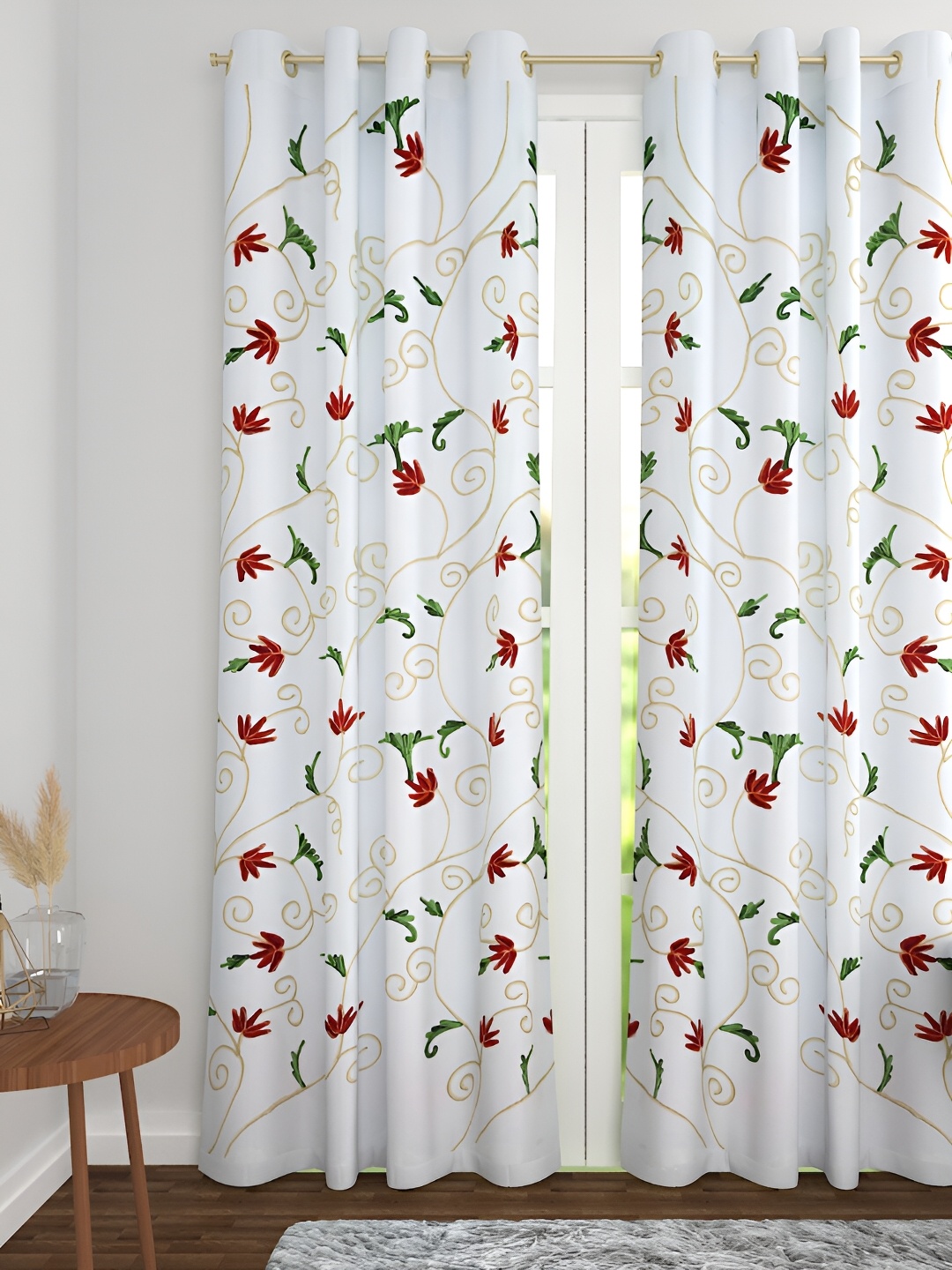 

Aura White & Red Floral Room Darkening Long Door Curtain