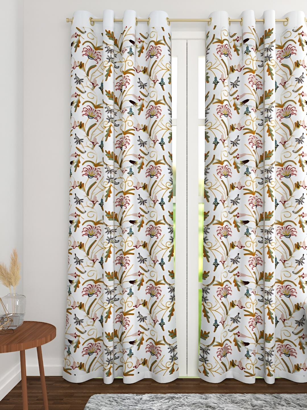 

Aura White & Green Floral Room Darkening Cotton Long Door Curtain