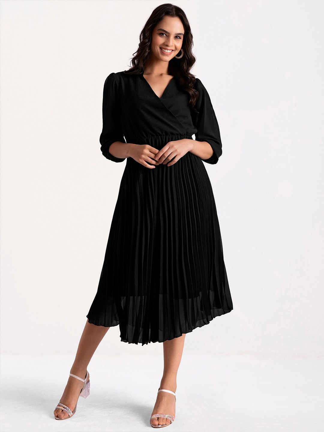 

FLOWERVELLY V-Neck Striped Fit and Flare Wrap Dress, Black