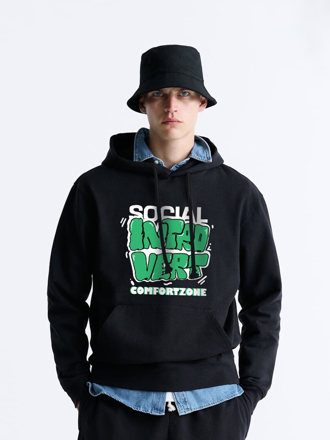 

MISCHIEF MONKEY Typography Printed Ribbed Hooded Oversized Cotton Fleece Pullover, Black