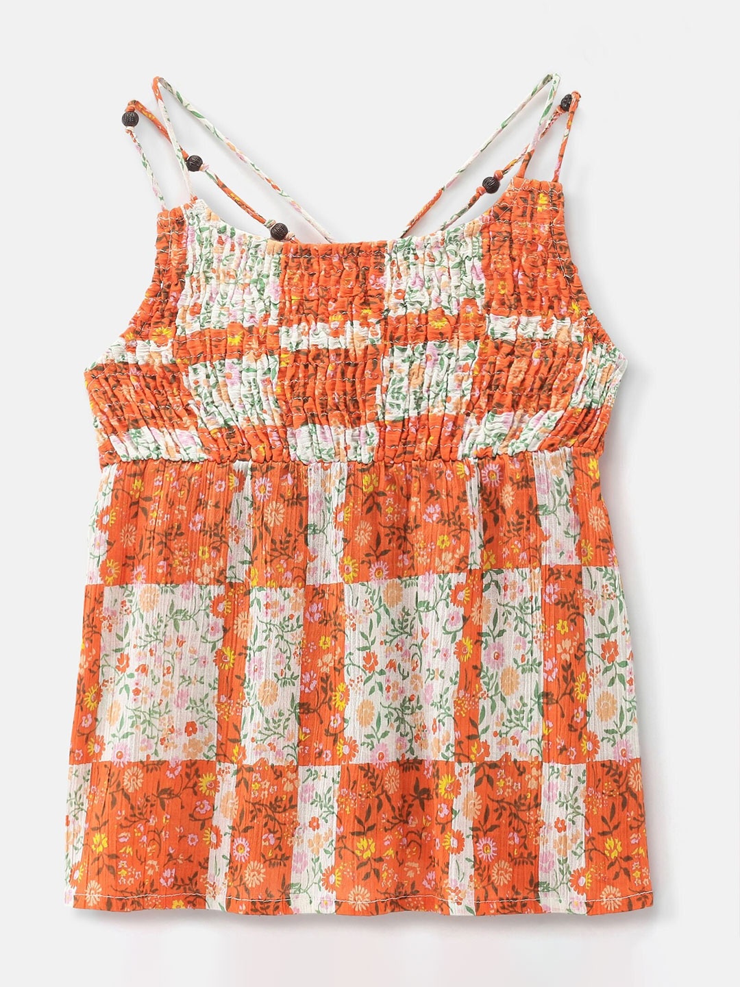 

ARIAS By LARA DUTTA Girls Floral Printed Shoulder Strap Smocked Cotton Top, Orange