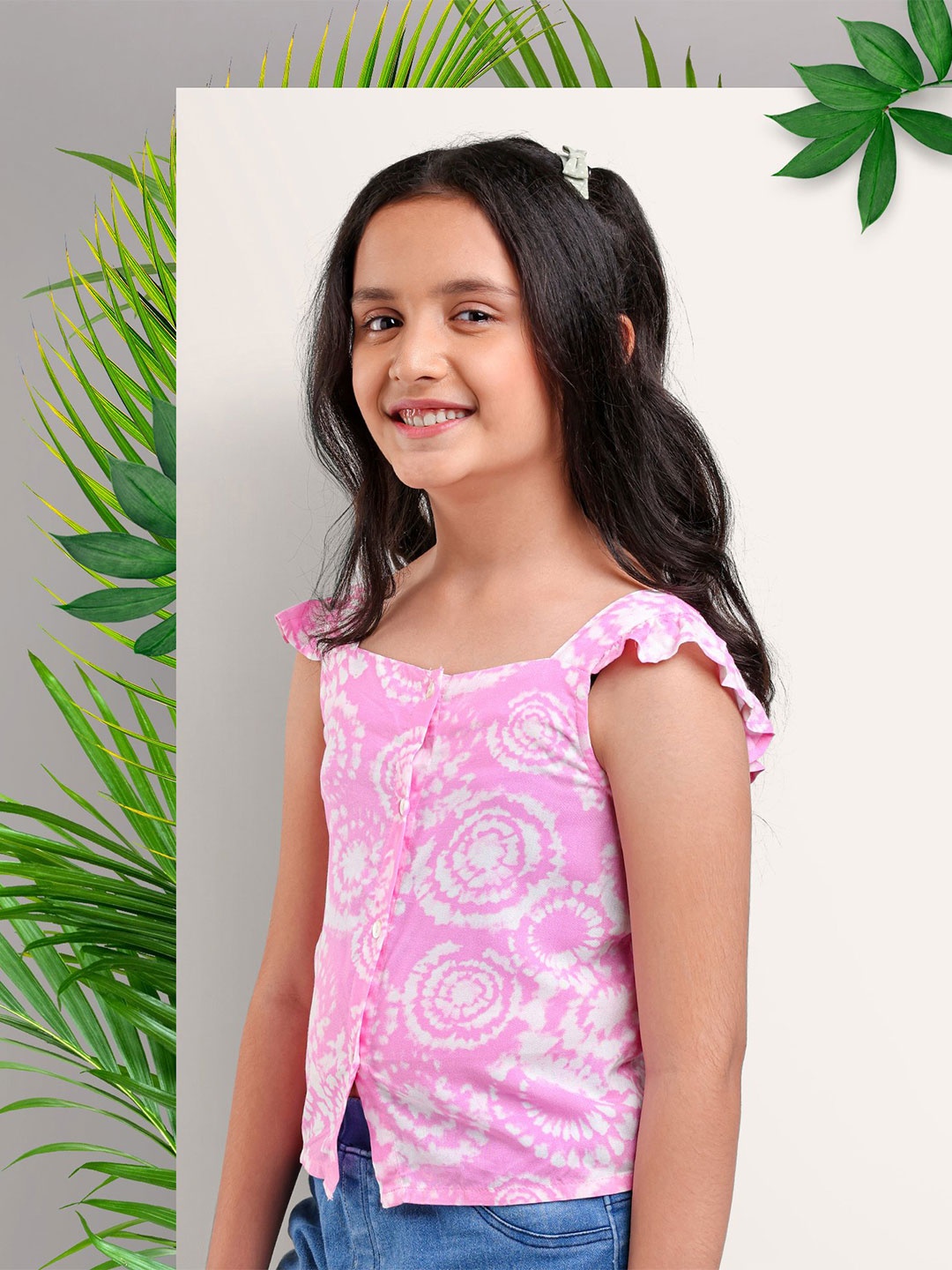 

ARIAS By LARA DUTTA Girls Tie & Dye Printed Flutter Sleeves Print Top, Pink