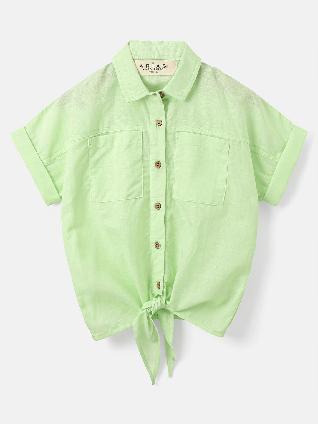 

ARIAS By LARA DUTTA Girls Extended Sleeves Cotton Linen Shirt Style Top, Green