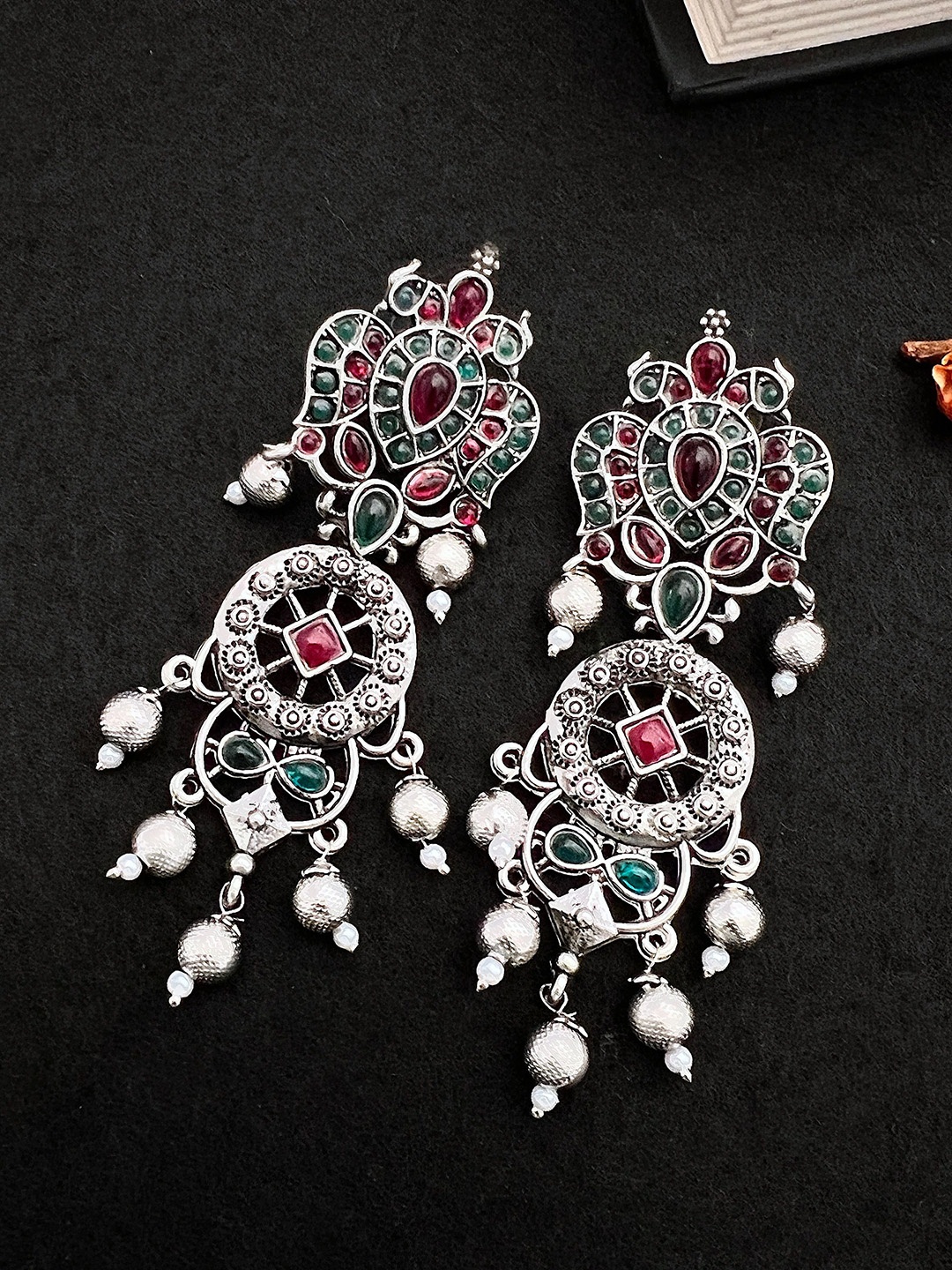 

Sangria German Silver-Plated Stones-Studded & Beaded Drop Earrings