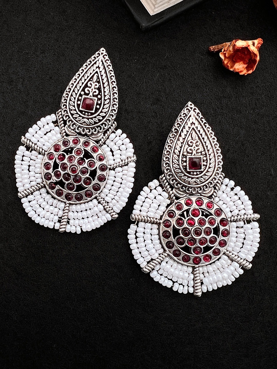 

Sangria German Silver-Plated Stone-Studded & Beaded Drop Earrings