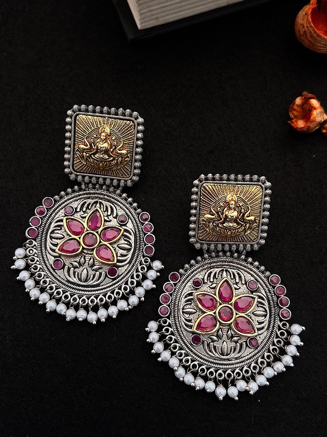 

Sangria Silver-Plated Stone-Studded & Beaded Goddess Laxmi Dual-Tone Drop Earrings