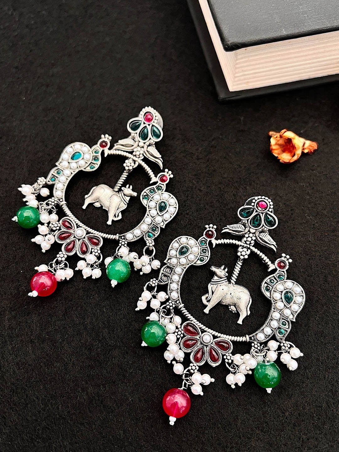 

Sangria German Silver-Plated Stone-Studded & Beaded Drop Earrings
