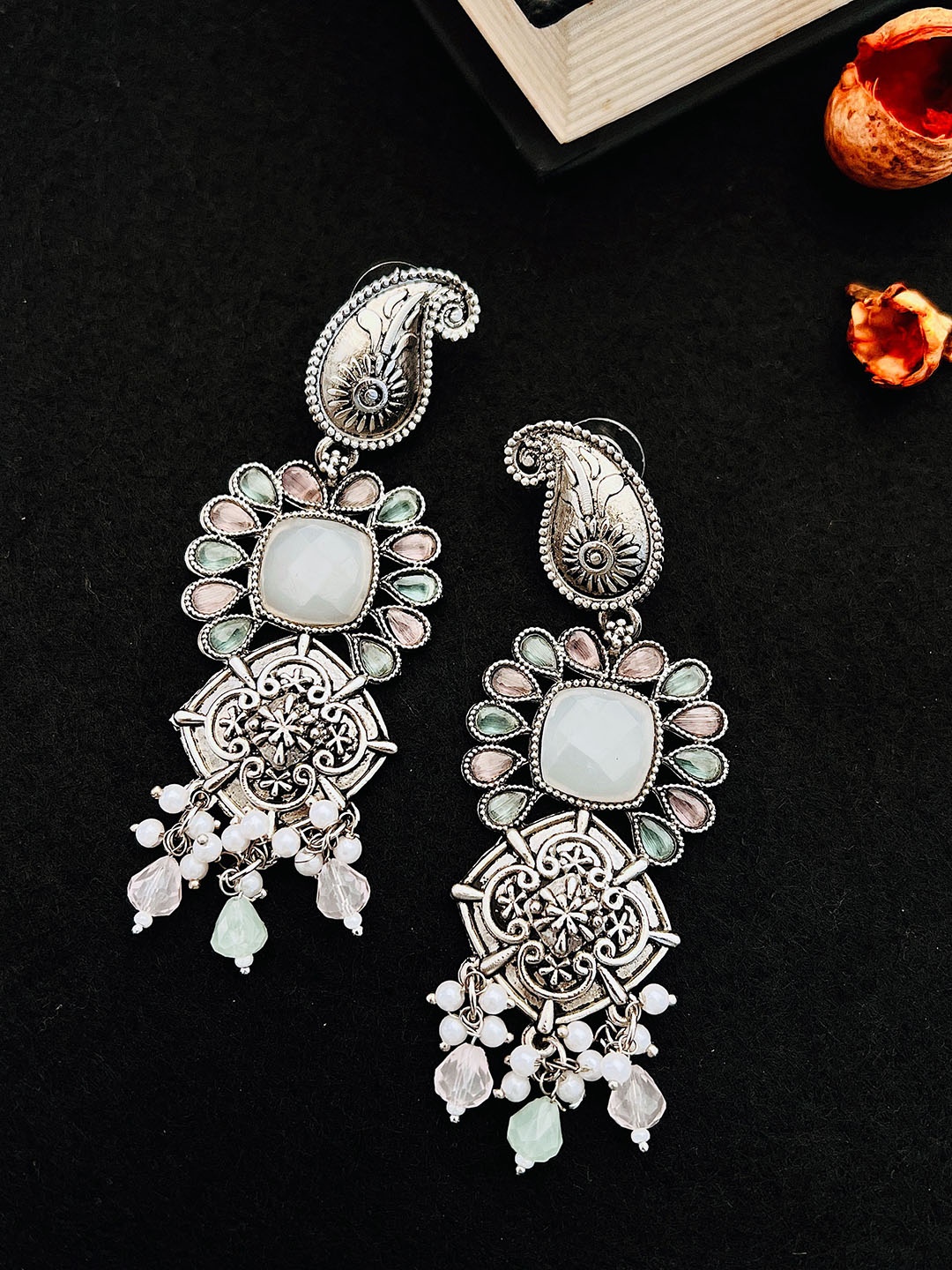 

Sangria German Silver-Plated Stones-Studded & Beaded Drop Earrings