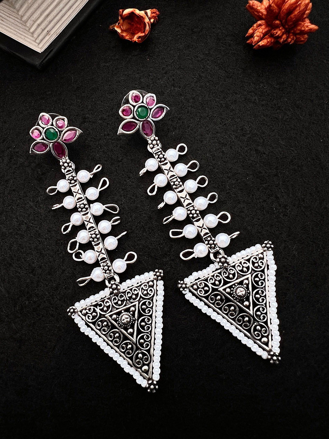 

Sangria German Silver-Plated Stone-Studded & Beaded Drop Earrings