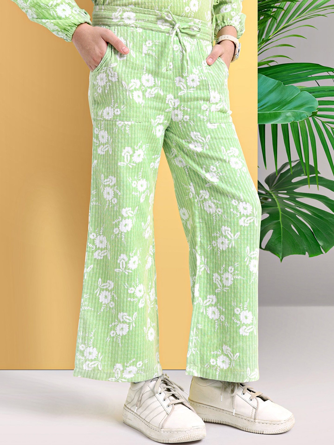 

ARIAS By LARA DUTTA Girls Floral Printed Cotton Flared Pull Up Trousers, Green