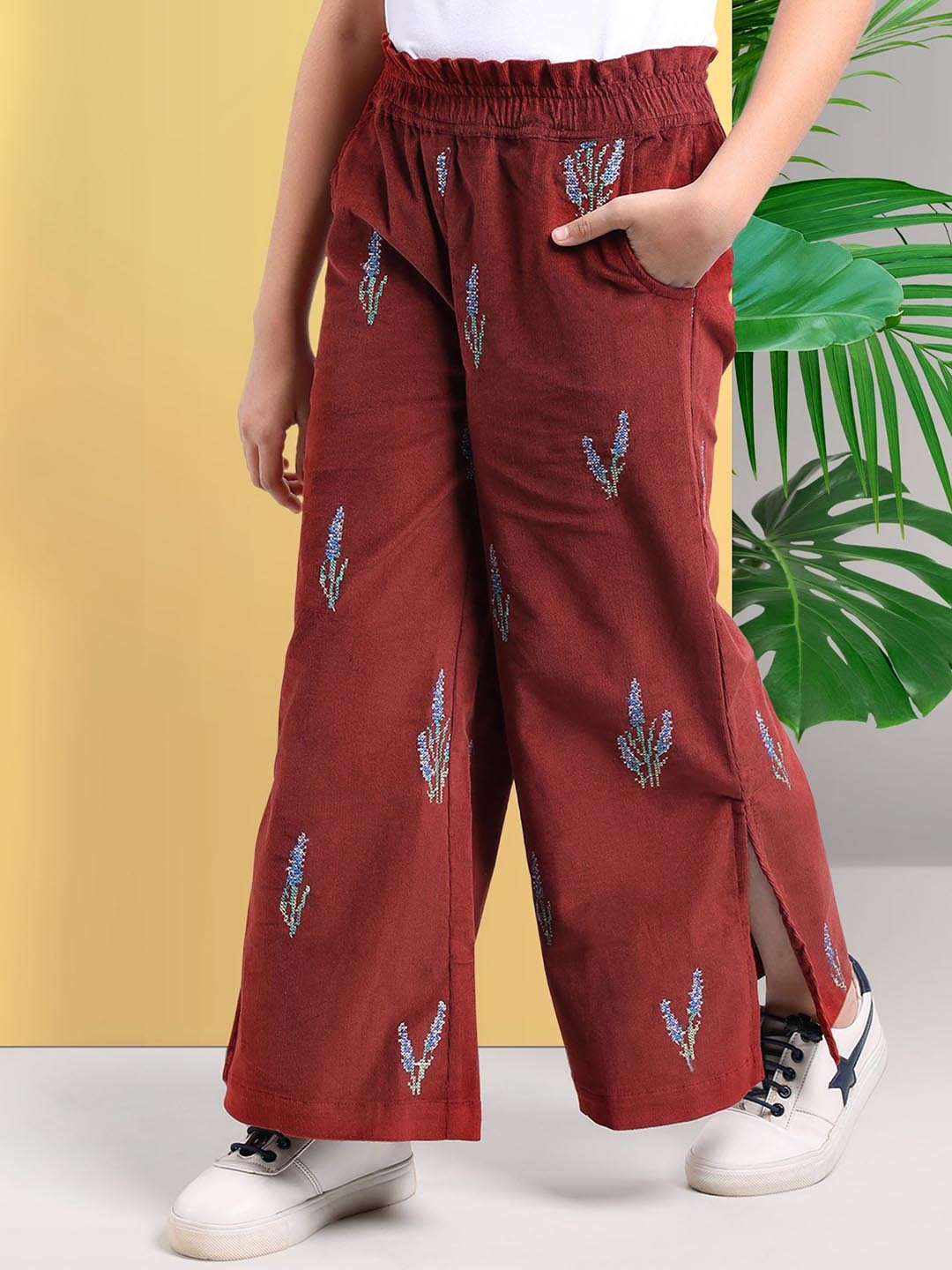

ARIAS By LARA DUTTA Girls Floral Printed Flared Corduroy Trousers, Maroon