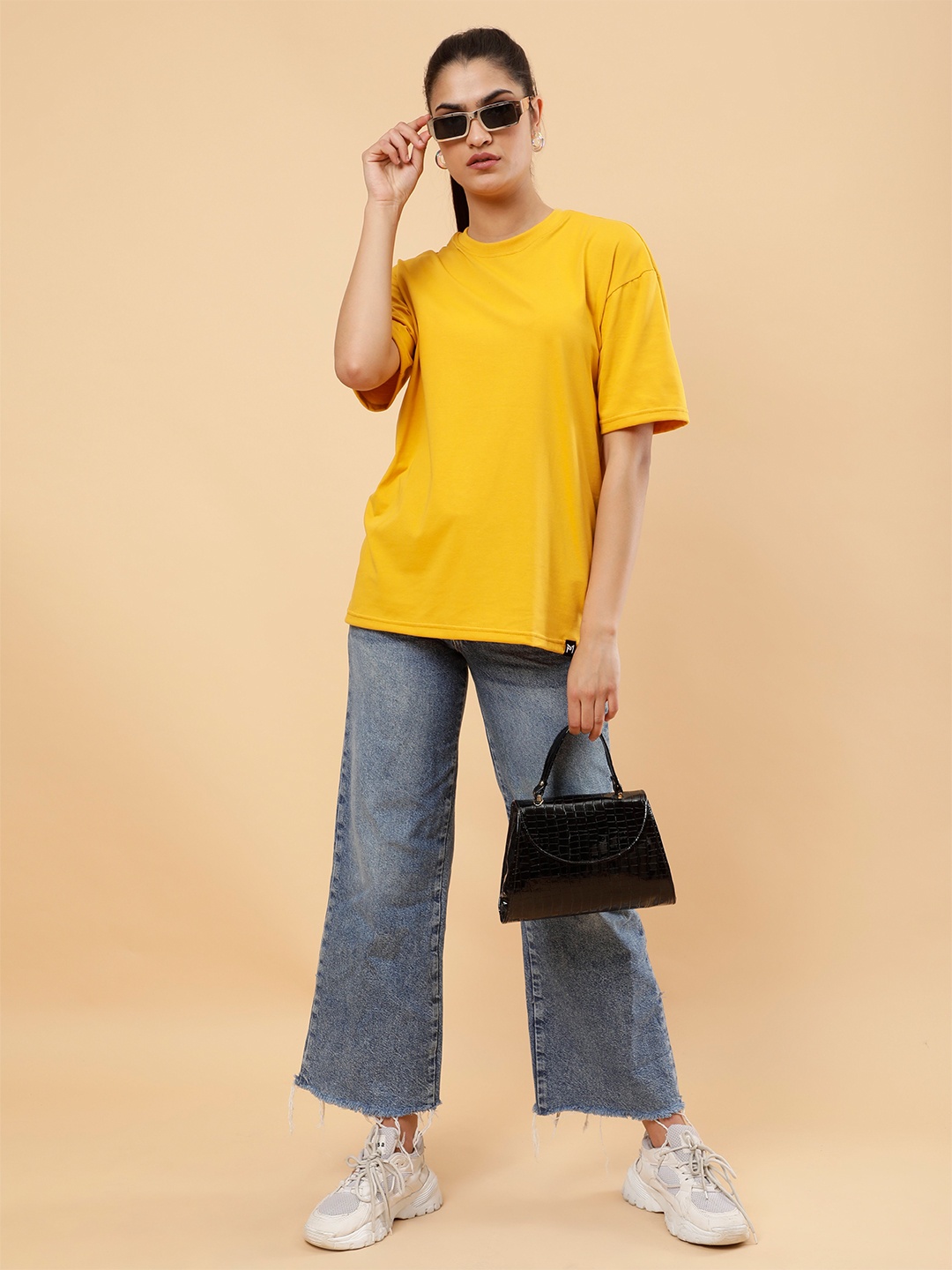 PockMAN Round Neck Drop Shoulder Cotton Oversized T shirt, Mustard