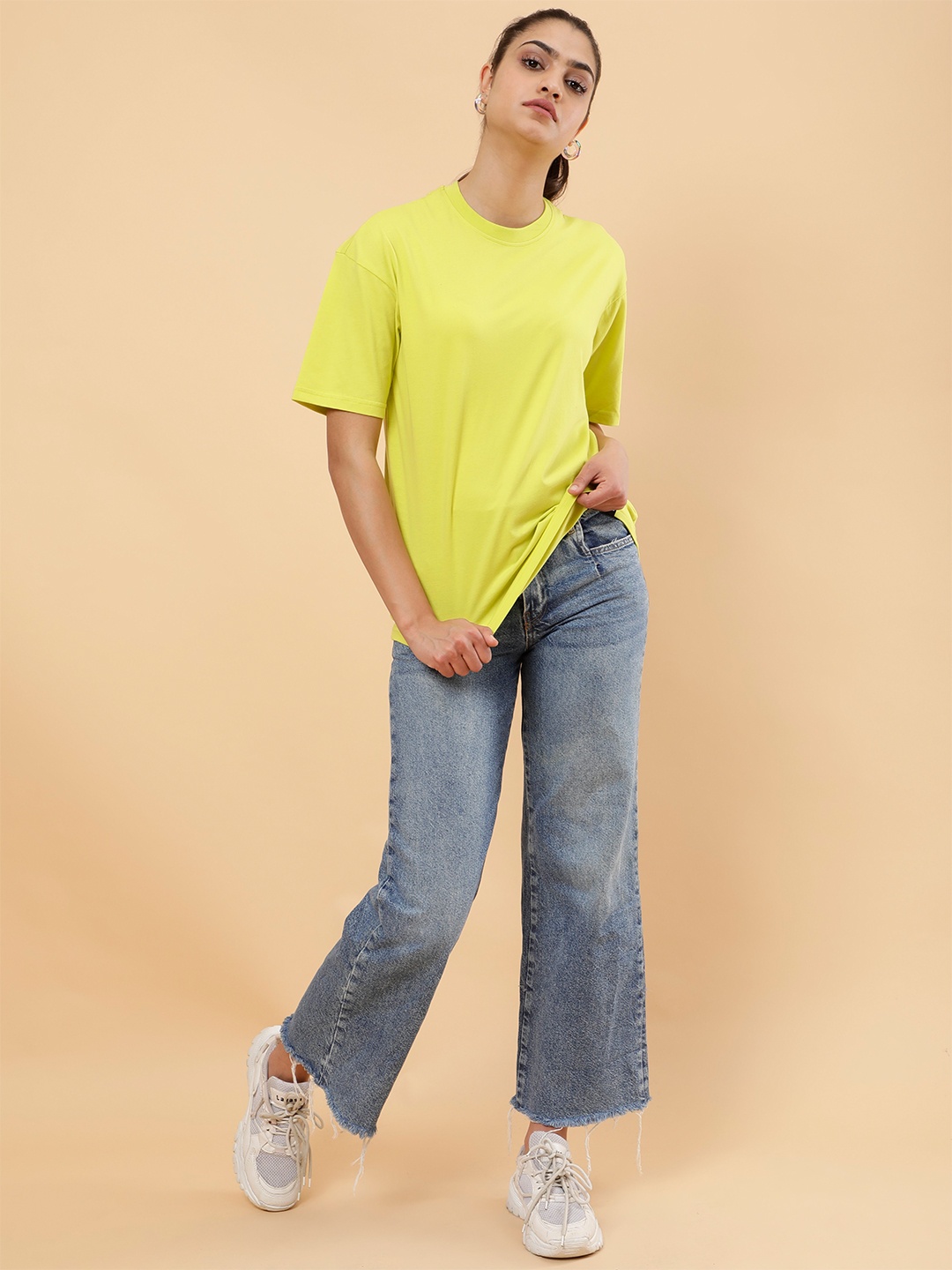 

PockMAN Round Neck Drop Shoulder Cotton Oversized T shirt, Lime green