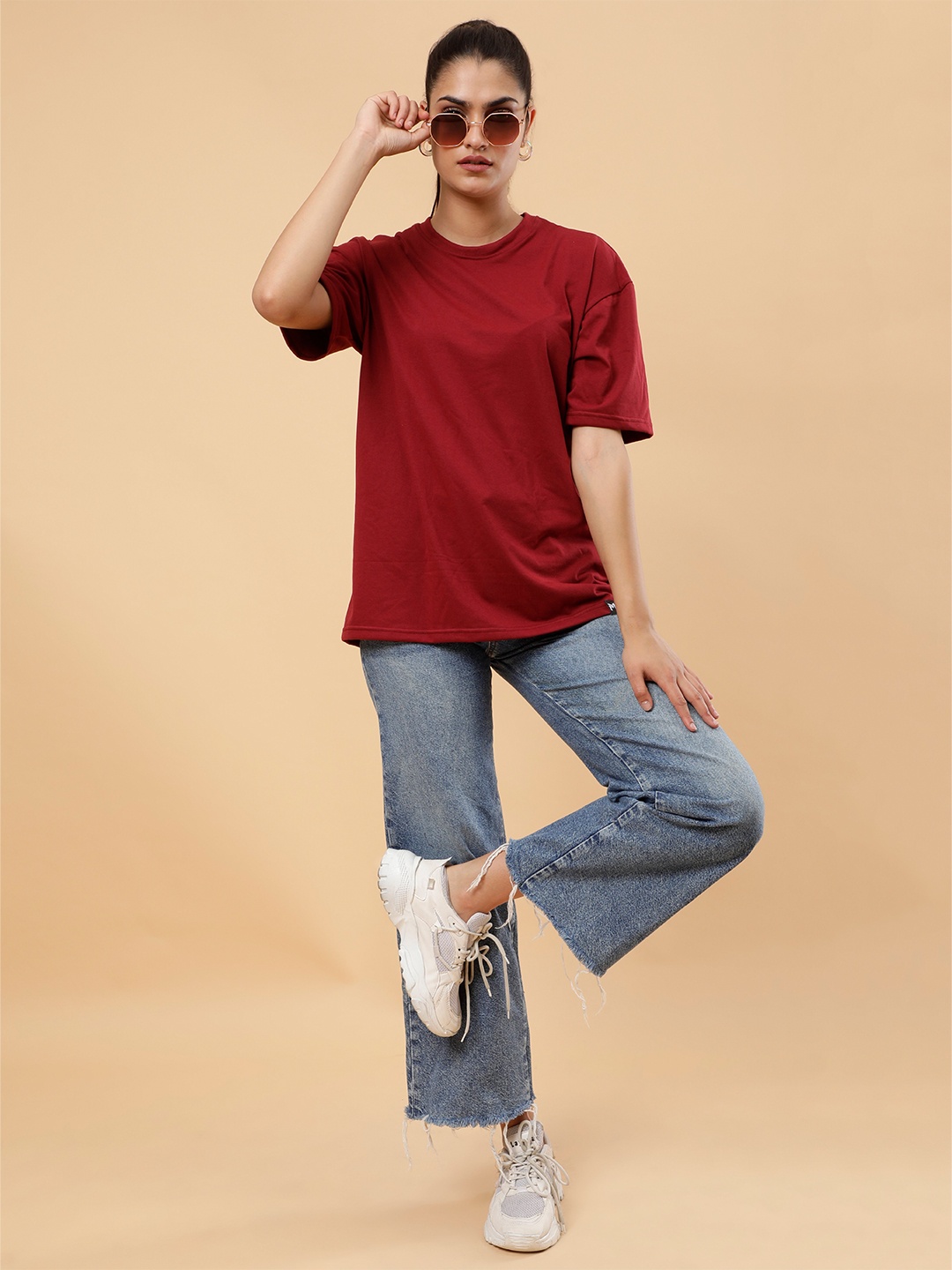 

PockMAN Round Neck Drop Shoulder Cotton Oversized T shirt, Maroon