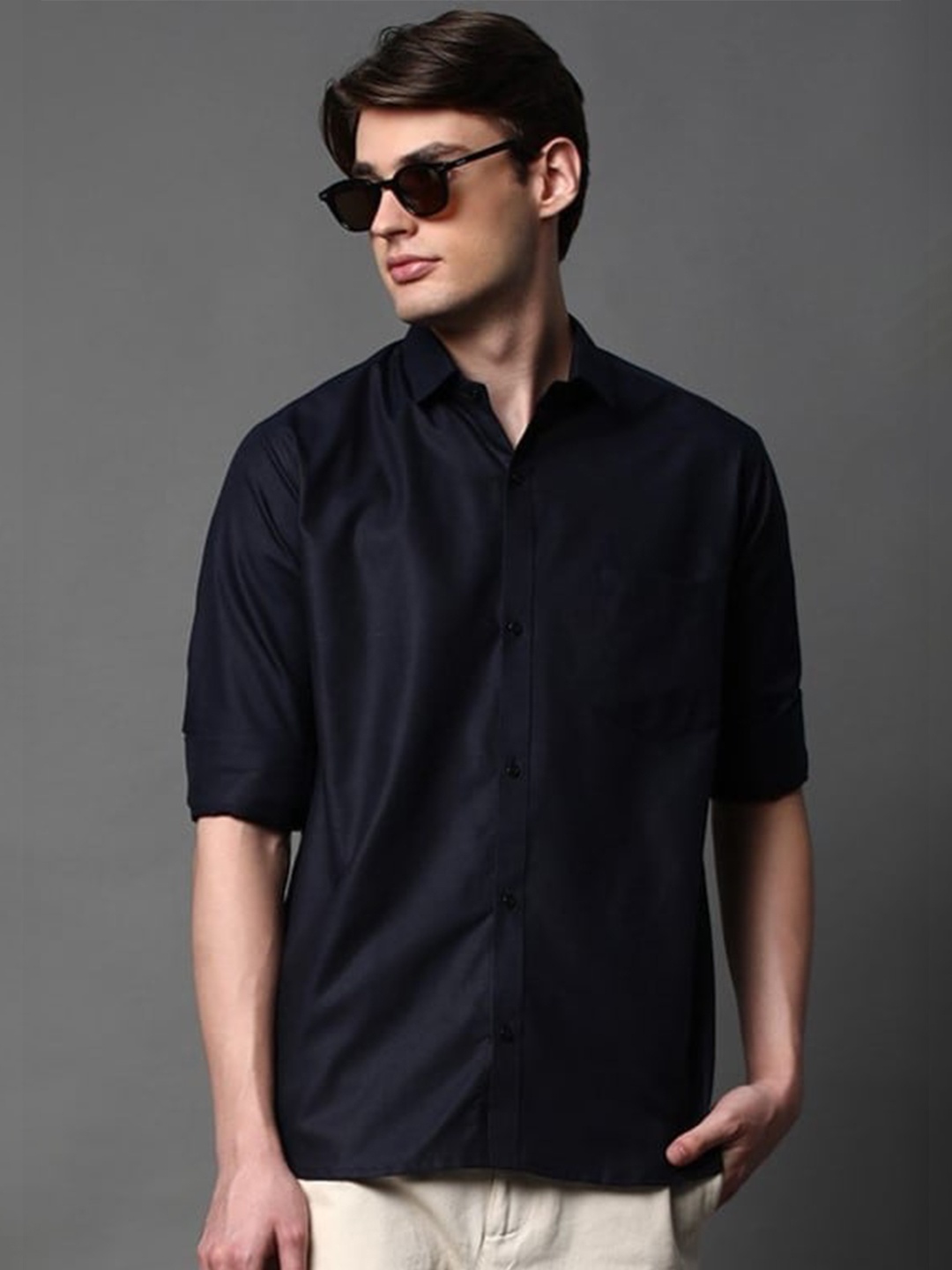 

BROWN BROTHERS Standard Opaque Cotton Casual Shirt, Navy blue