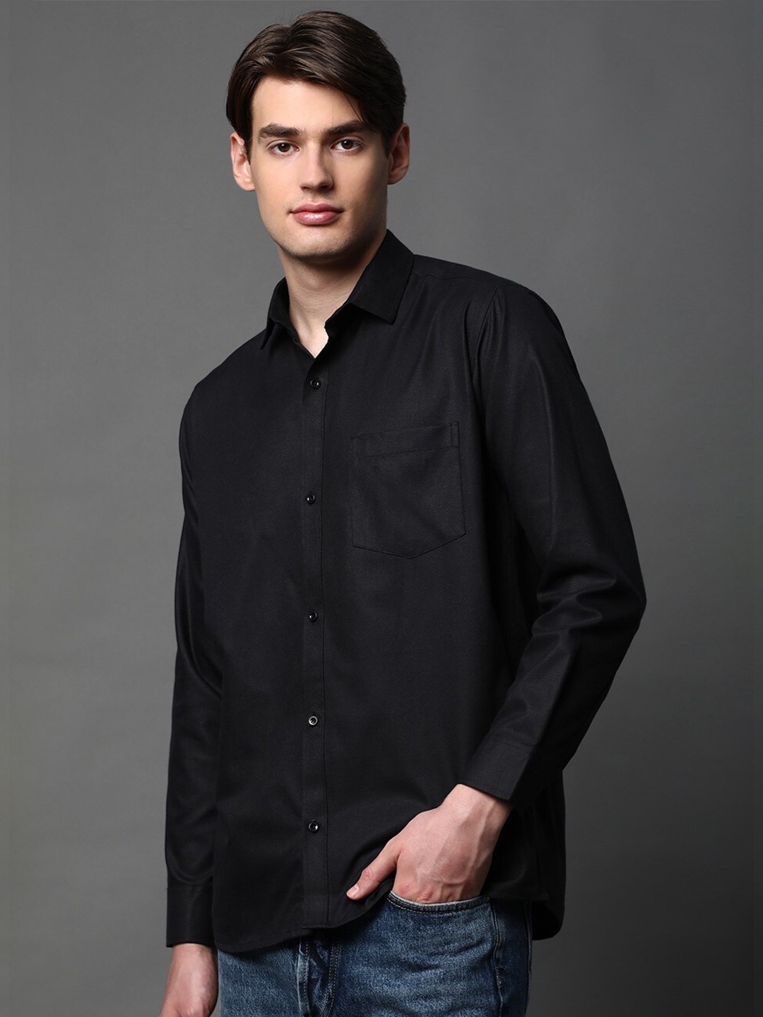 

BROWN BROTHERS Standard Opaque Cotton Casual Shirt, Black
