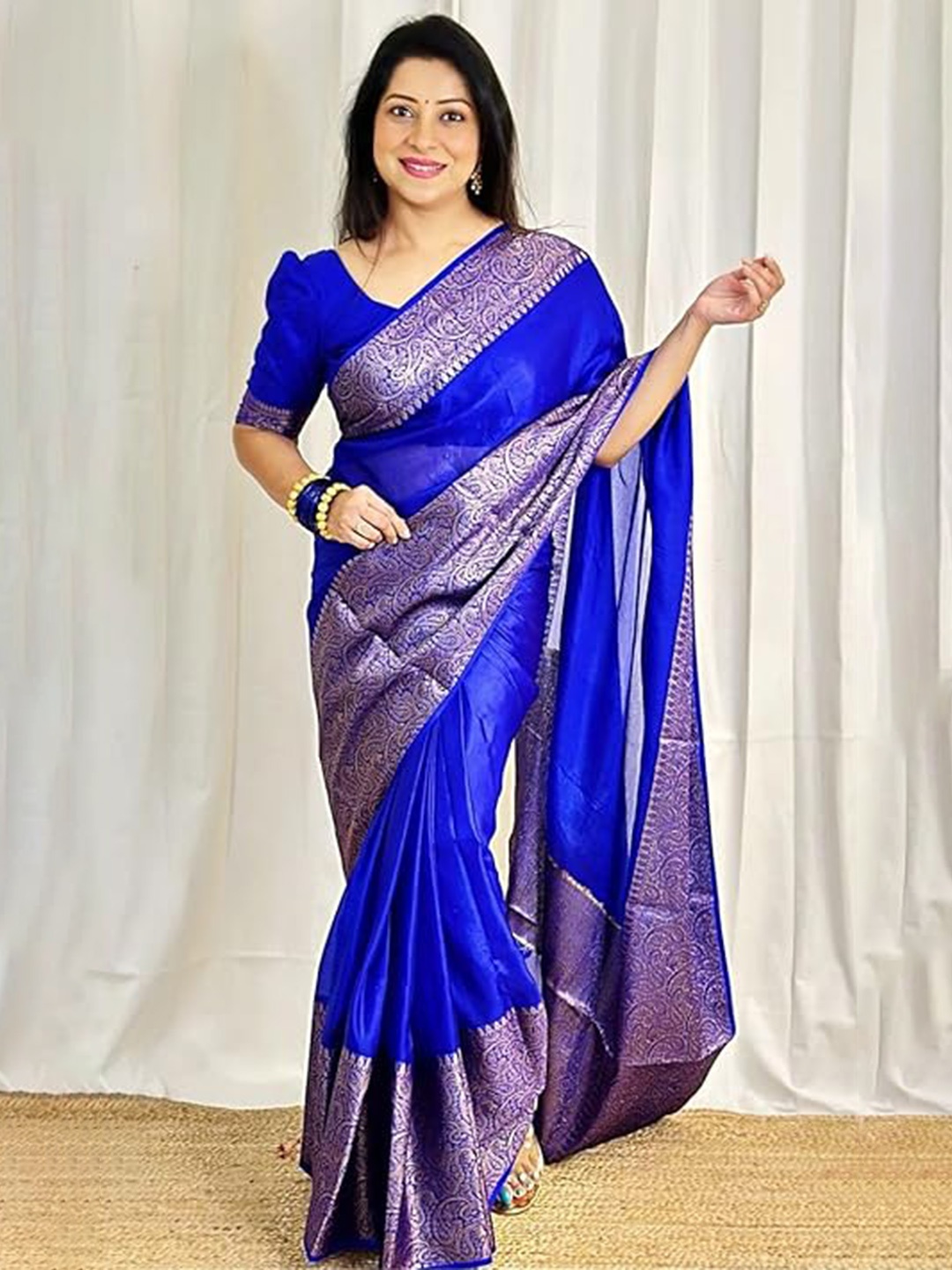 

SHIJILA Zari Pure Silk Kanjeevaram Saree, Blue