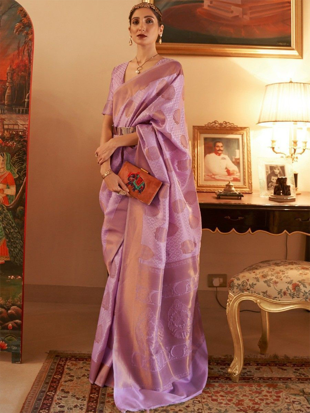 

SHIJILA Ethnic Motifs Zari Pure Silk Kanjeevaram Saree, Lavender
