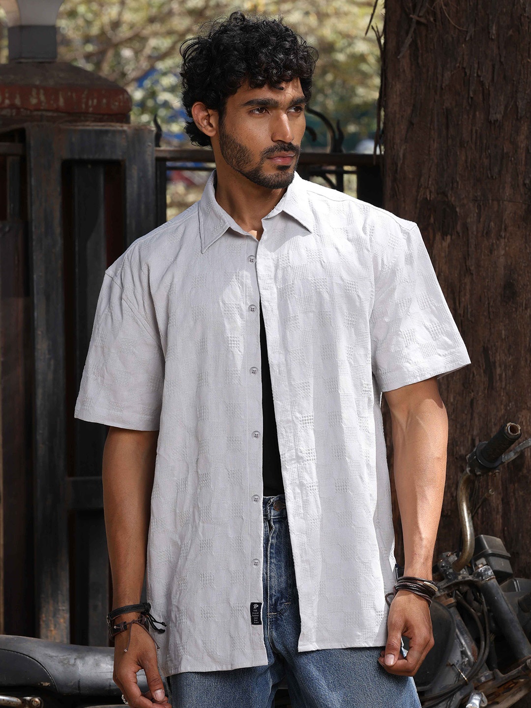 

The Roadster Lifestyle Co Crochet Pure Cotton Semi Sheer Oversized Shirt, Grey