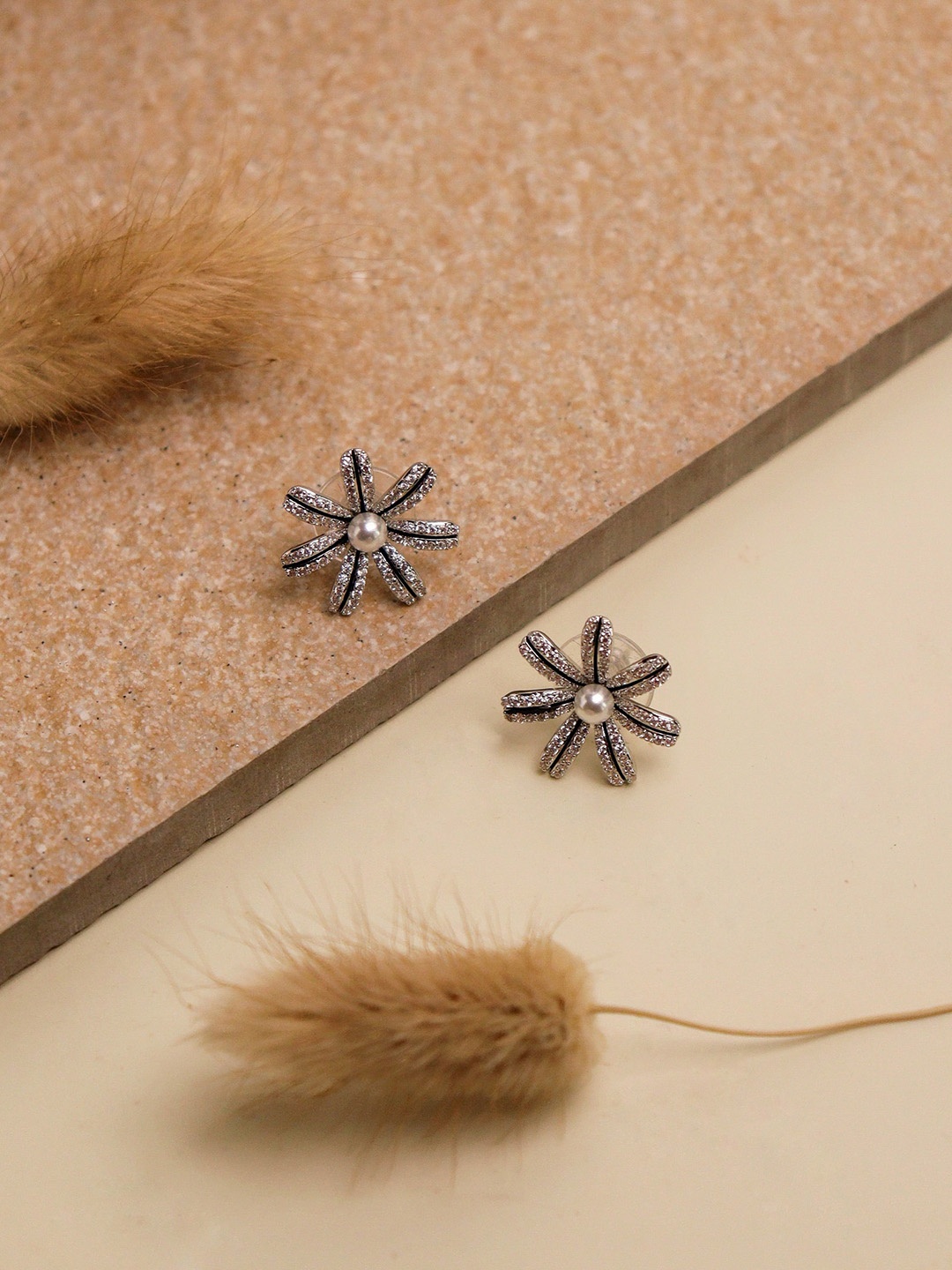 

CURIO COTTAGE Rhodium-Plated Cubic Zirconia Floral Stud Earrings, Silver