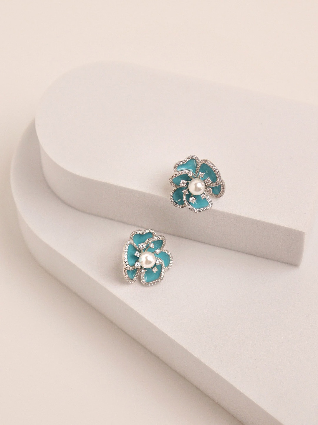 

CURIO COTTAGE Rhodium-Plated Cubic Zirconia Floral Stud Earrings, White