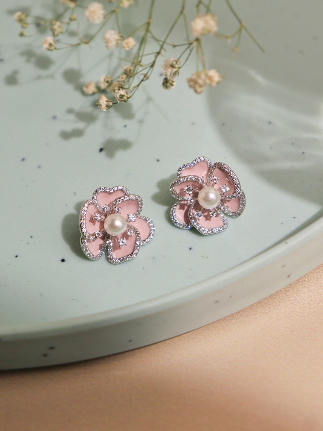 

CURIO COTTAGE Rhodium-Plated Cubic Zirconia Floral Stud Earrings, Silver