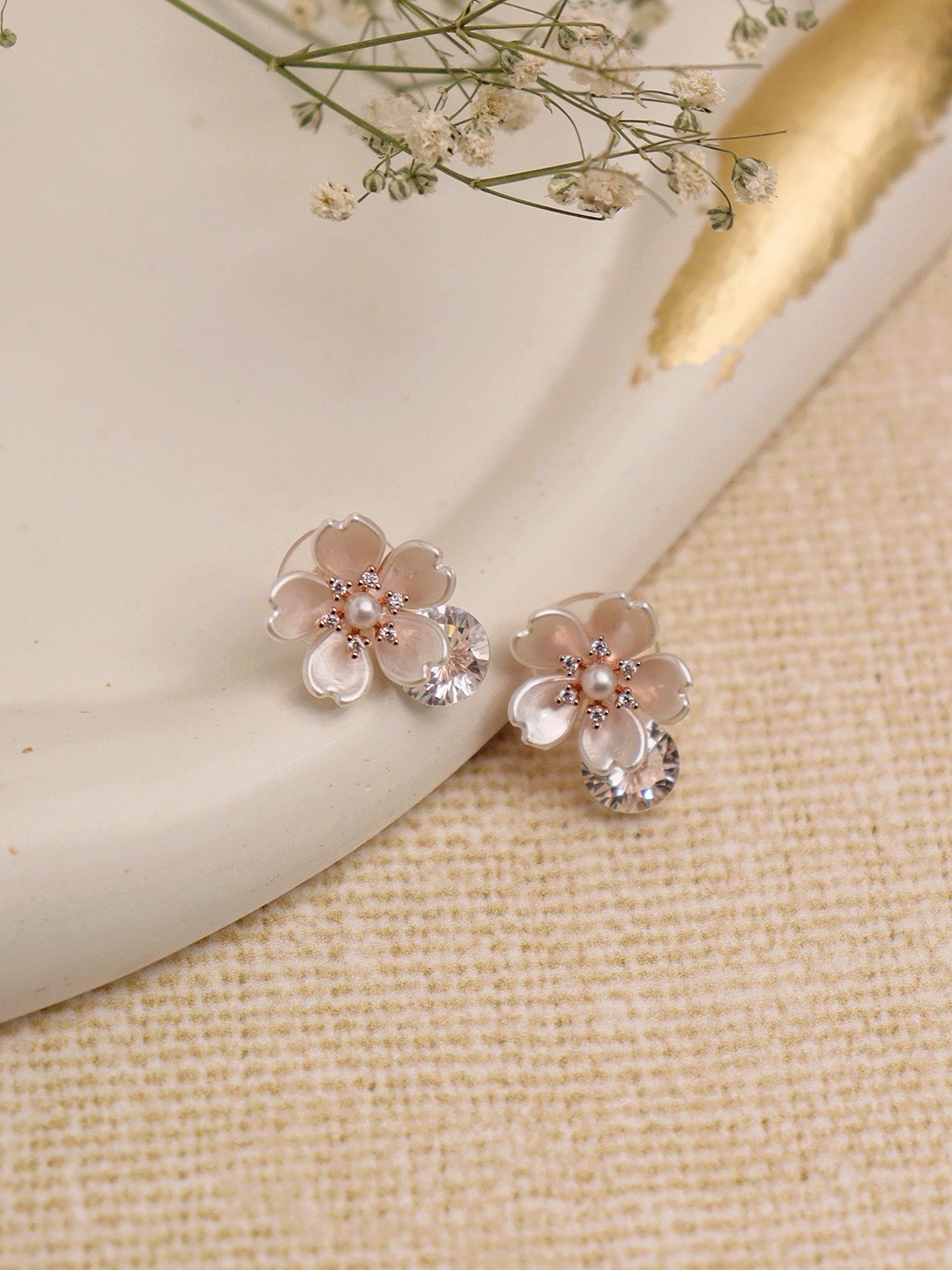 

CURIO COTTAGE Rose Gold-Plated Cubic Zirconia Floral Stud Earrings