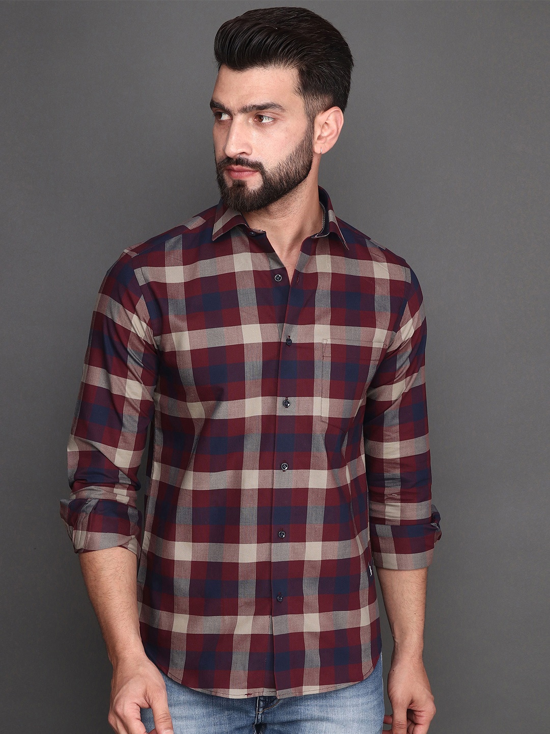 

Albion Tartan Checked Spread Collar Cotton Shirt, Red