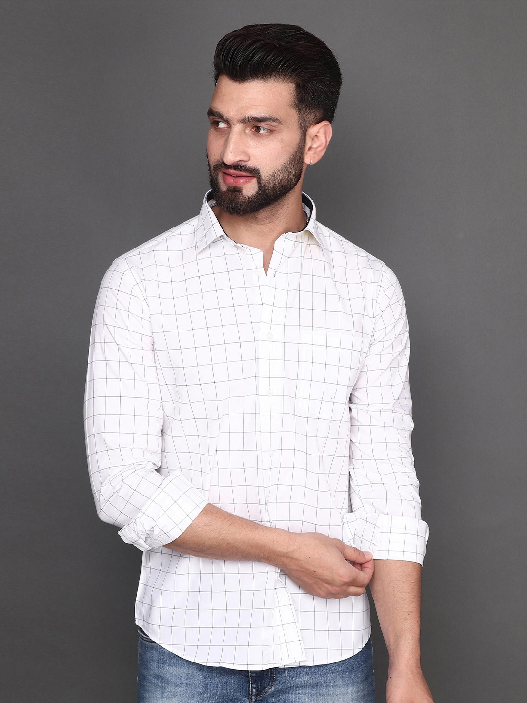 

Albion Windowpane Checked Spread Collar Cotton Shirt, White