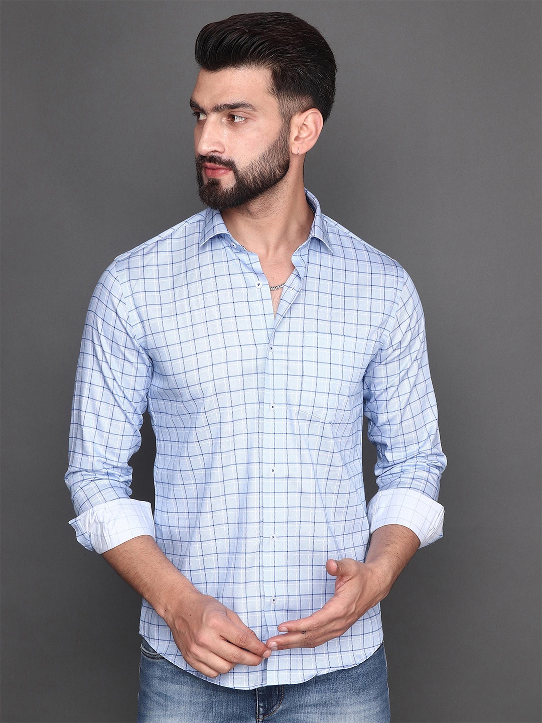 

Albion Checked Spread Collar Cotton Shirt, Blue