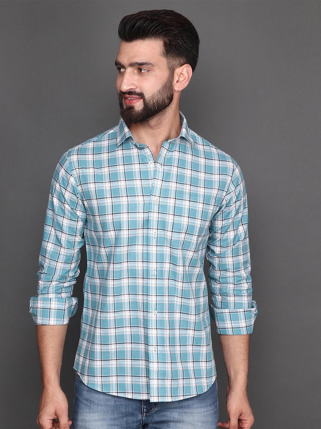 

Albion Checked Spread Collar Cotton Shirt, Sea green