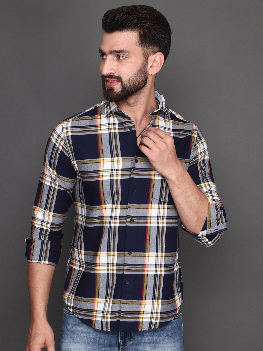 

Albion Tartan Checked Cotton Casual Shirt, Navy blue