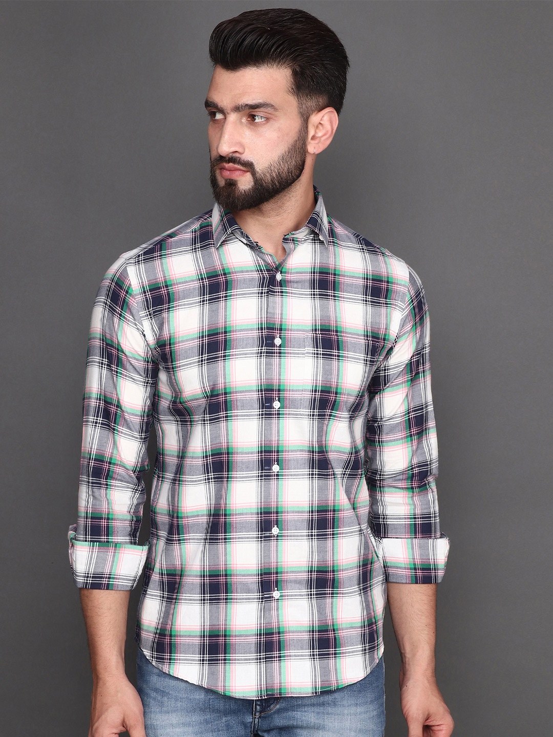 

Albion Tartan Checked Spread Collar Cotton Shirt, Peach