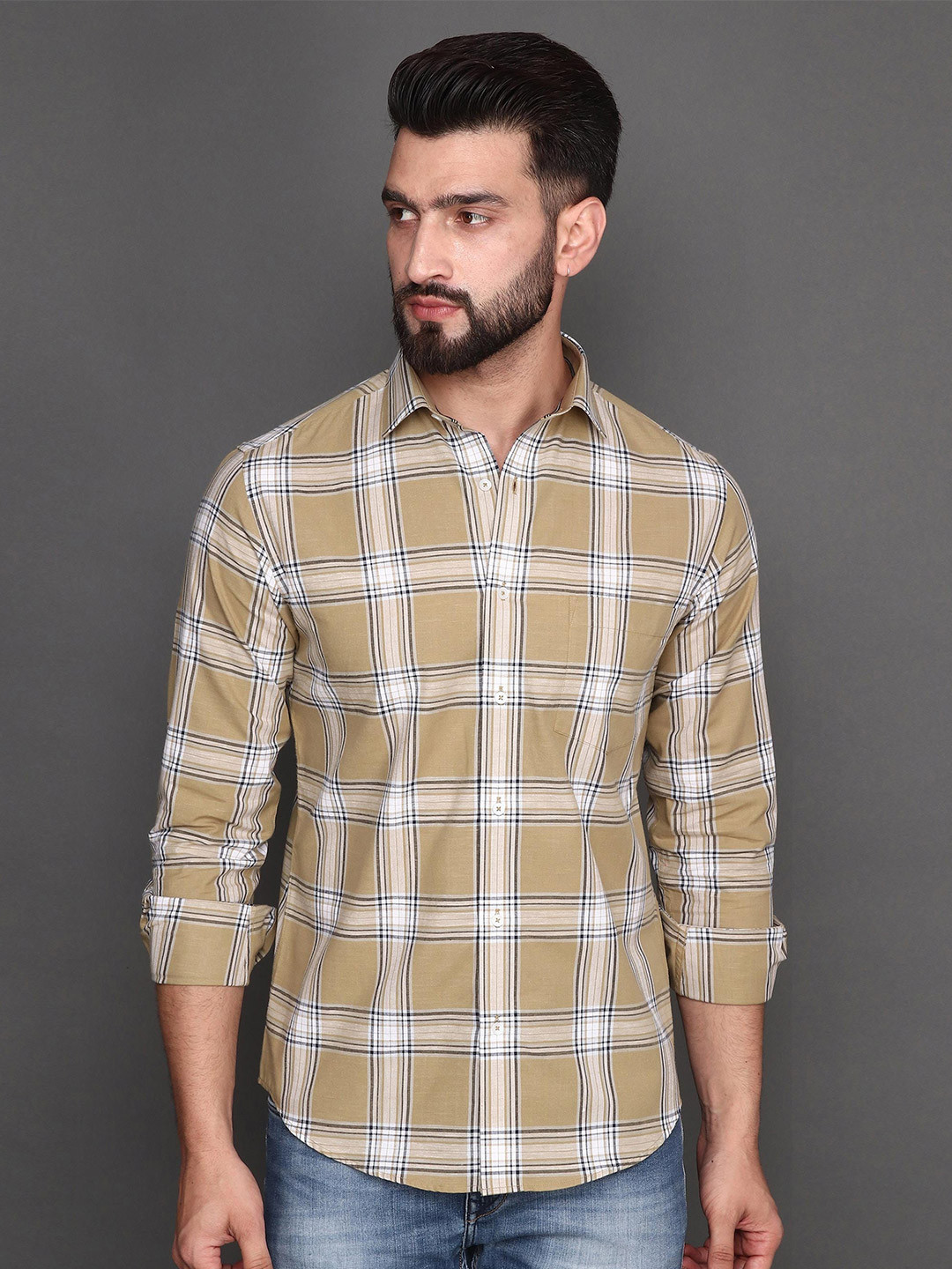 

Albion Checked Spread Collar Cotton Shirt, Brown