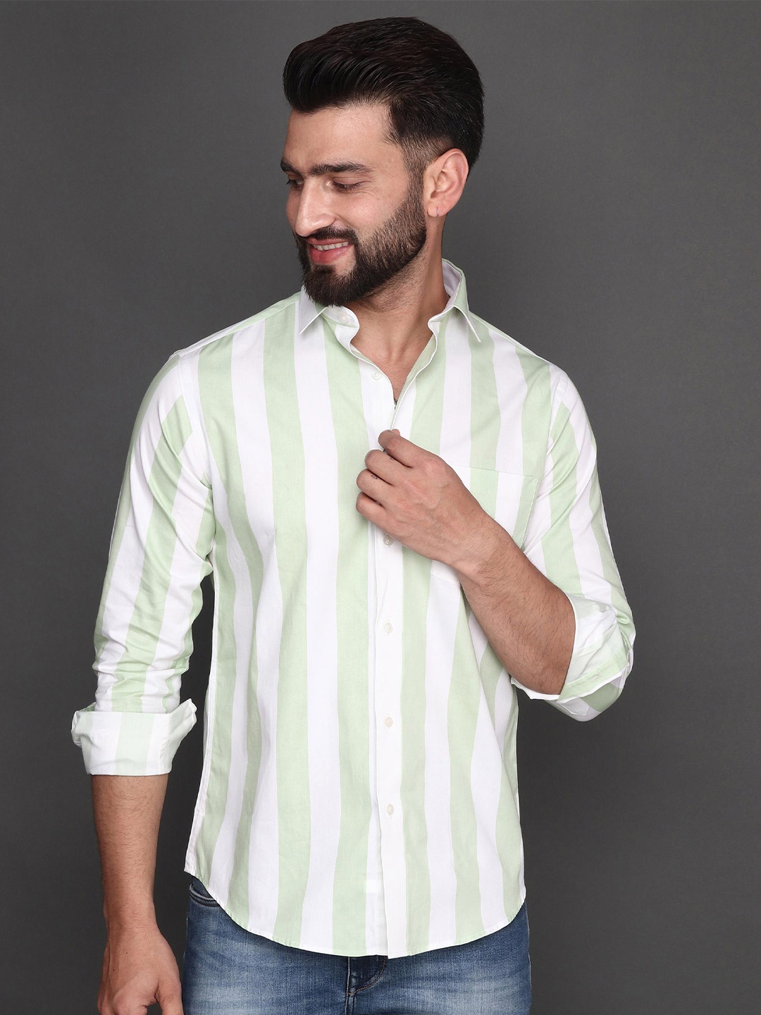 

Albion Striped Spread Collar Cotton Shirt, Green
