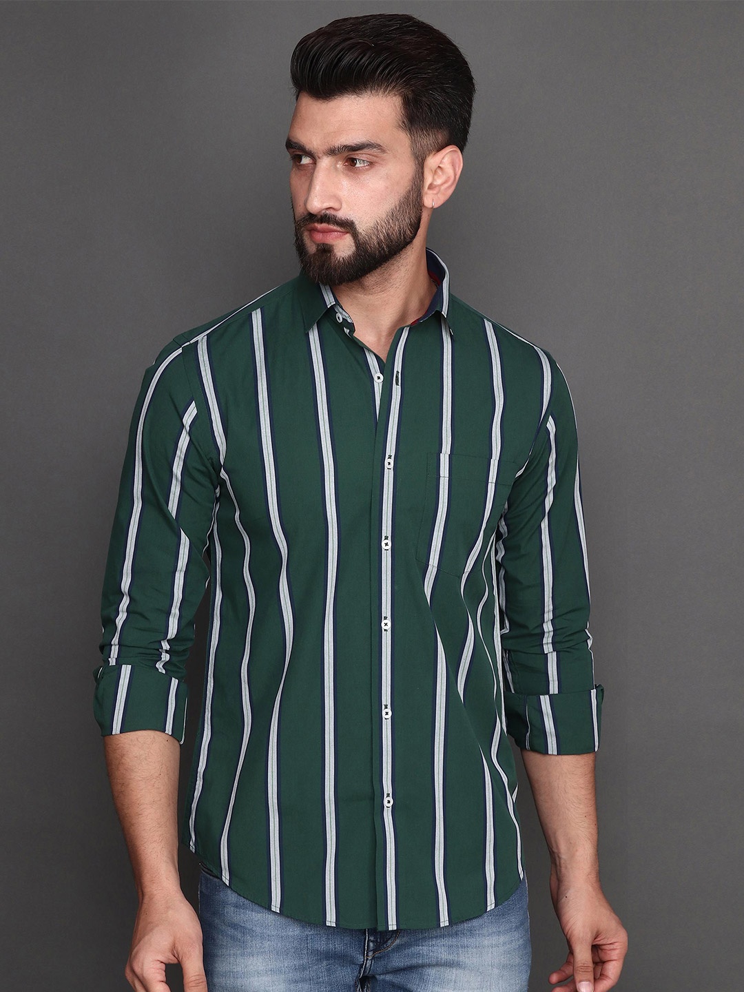 

Albion Vertical Striped Cotton Casual Shirt, Green