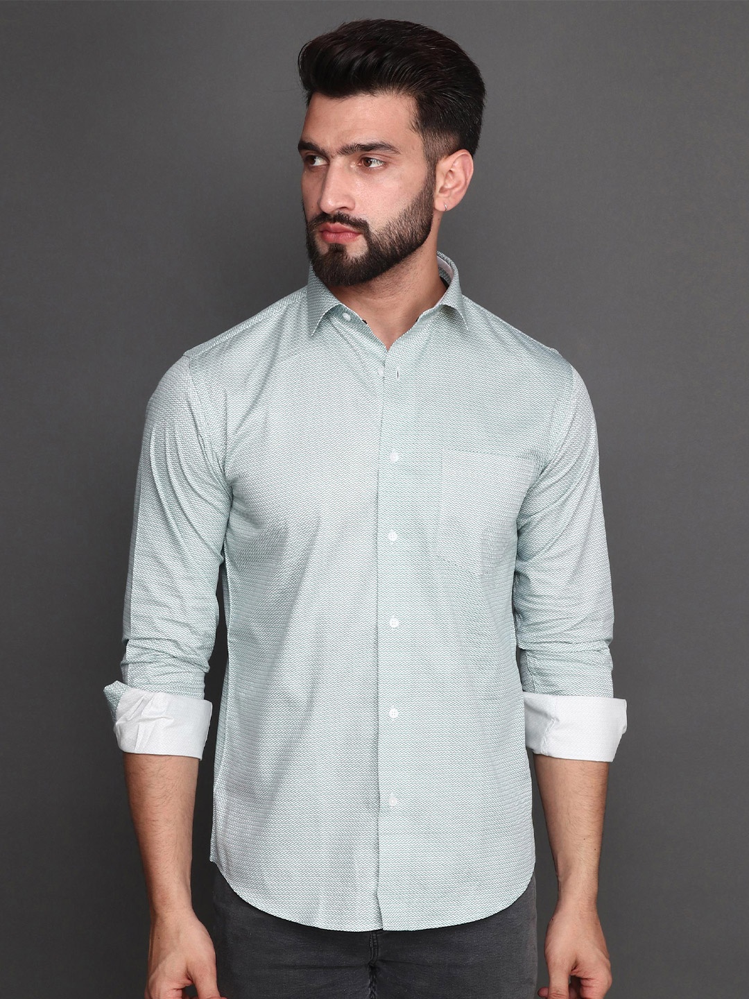 

Albion Geometric Printed Spread Collar Cotton Shirt, Green