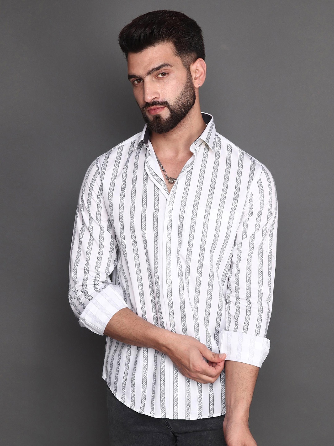 

Albion Striped Opaque Cotton Casual Shirt, White