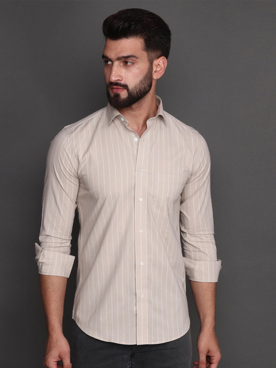 

Albion Striped Cotton Casual Shirt, Beige