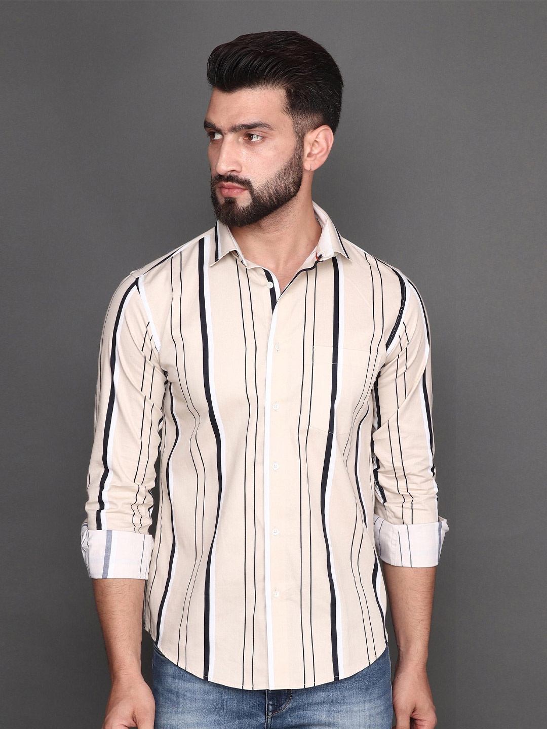 

Albion Striped Spread Collar Cotton Shirt, Beige