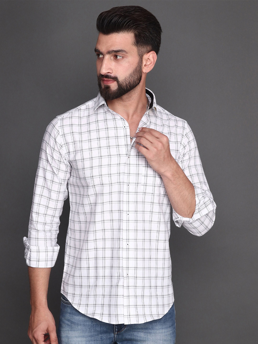

Albion Windowpane Checked Spread Collar Cotton Shirt, White