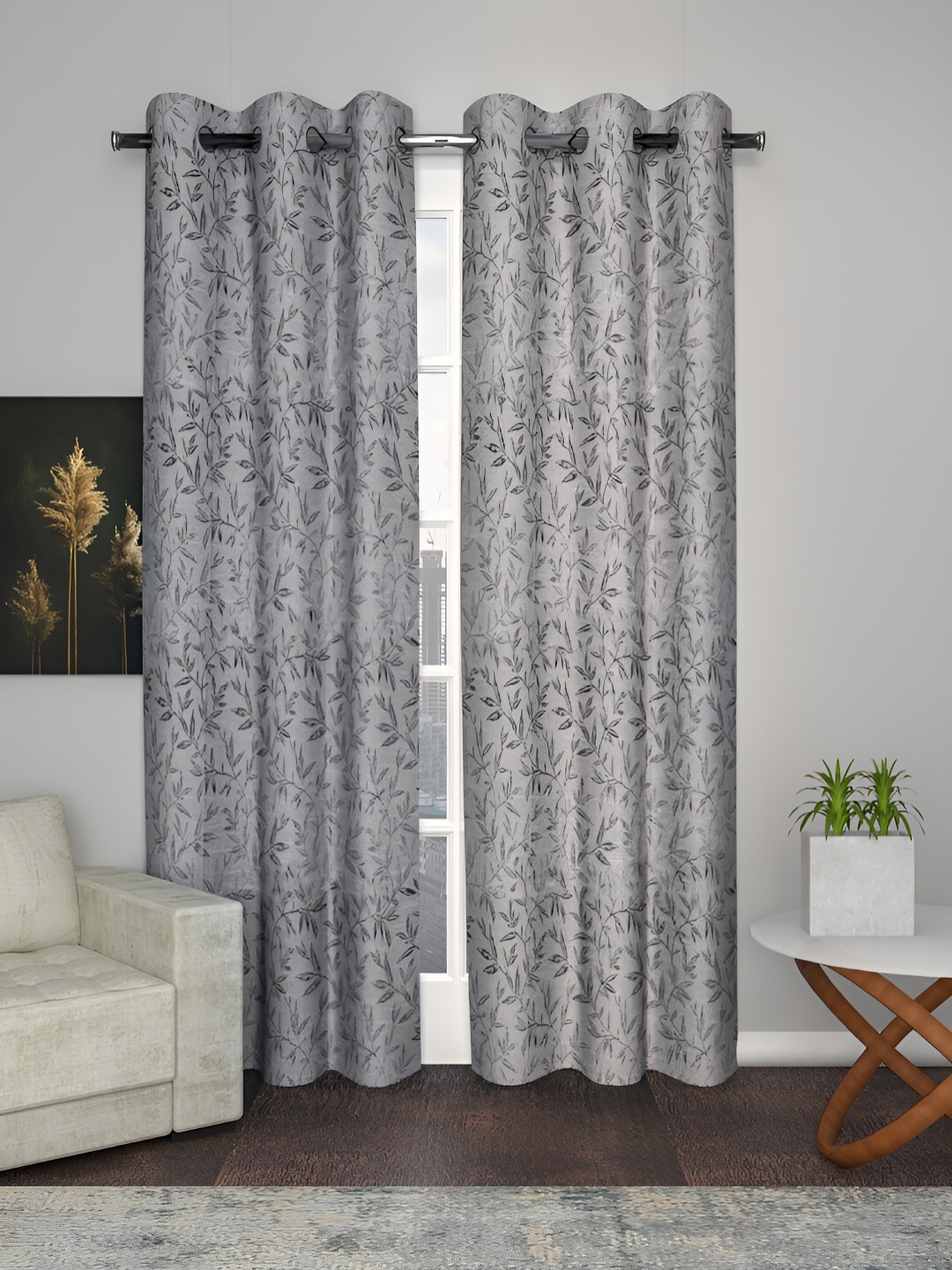 

Aura Grey Floral Printed Room Darkening Long Door Curtain