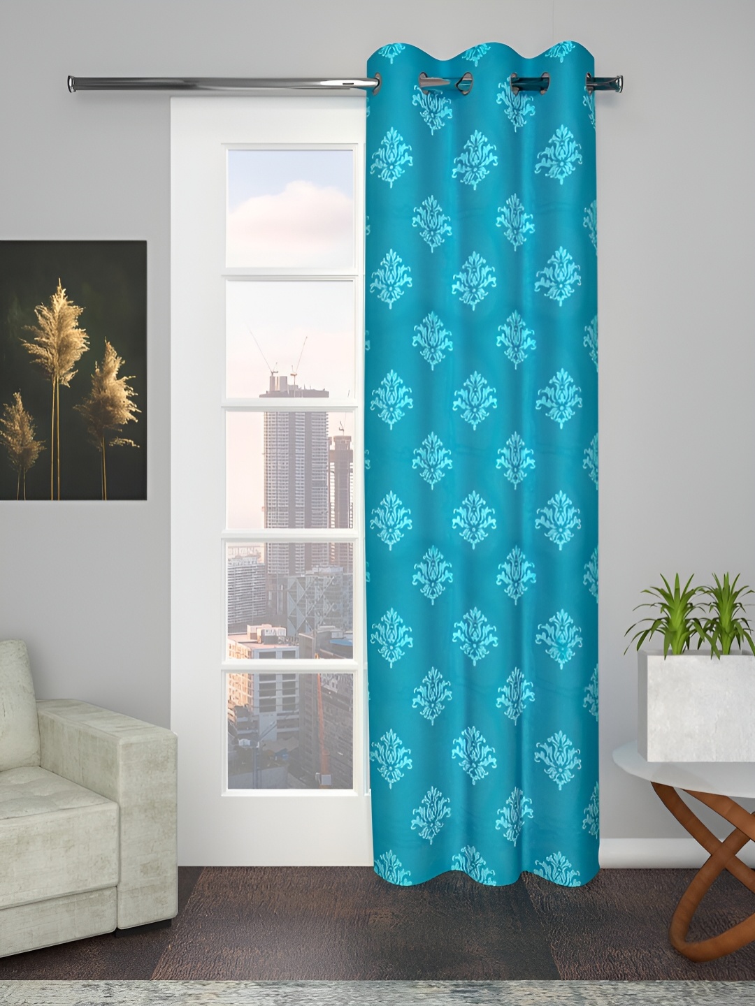 

Aura Blue & Off White Floral Room Darkening Door Curtain