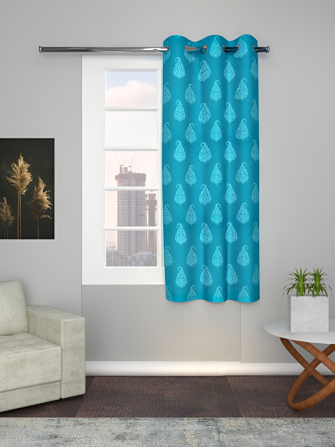 

Aura Blue & Grey Floral Room Darkening Window Curtain